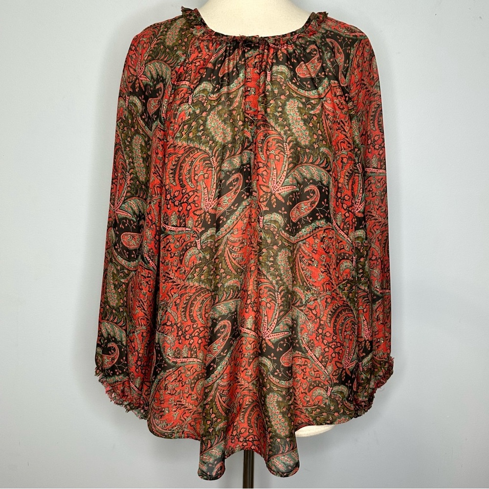SOLD!!!!Raquel Allegra Women’s 100% Silk Sheer Paisley Print Boho Blouse Top